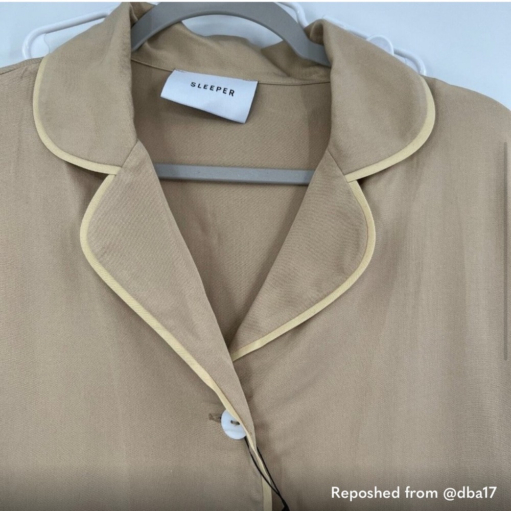 Sleeper Women's Beige Pajama Party Set Ostrich Feather Pants & Button Up Shirt L